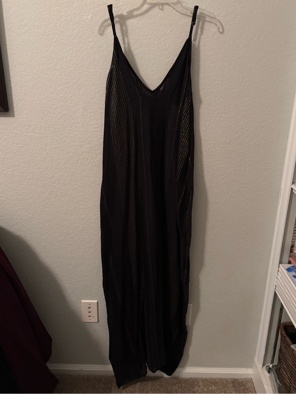 NWT Elan Black Knit Metallic Gold Shimmer Maxi Dress Jumpsuit L
